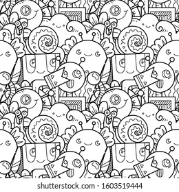 Kawaii seamless pattern of friendly doodle monsters,cute and fun variety of colors animals. Vector background for coloring pages