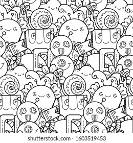 Kawaii seamless pattern of friendly doodle monsters,cute and fun variety of colors animals. Vector background for coloring pages
