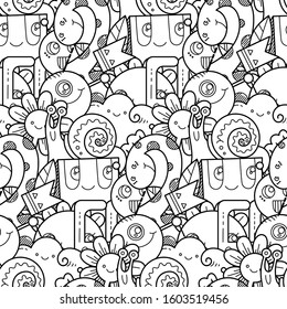 Kawaii seamless pattern of friendly doodle monsters,cute and fun variety of colors animals. Vector background for coloring pages