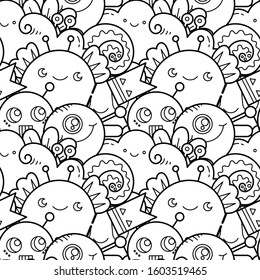 Kawaii seamless pattern of friendly doodle monsters,cute and fun variety of colors animals. Vector background for coloring pages