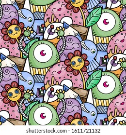 Kawaii seamless pattern of friendly doodle monsters,cute and fun variety of colors animals. Vector background