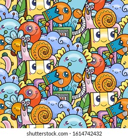 Kawaii seamless pattern of friendly doodle monsters,cute and fun variety of colors animals. Vector background