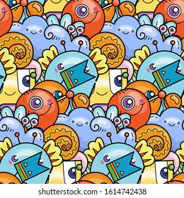 Kawaii seamless pattern of friendly doodle monsters,cute and fun variety of colors animals. Vector background