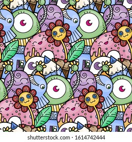 Kawaii seamless pattern of friendly doodle monsters,cute and fun variety of colors animals. Vector background