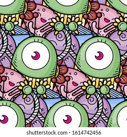 Kawaii seamless pattern of friendly doodle monsters,cute and fun variety of colors animals. Vector background