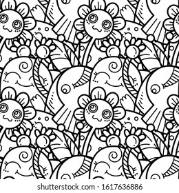 Kawaii seamless pattern of friendly doodle monsters,cute and fun variety of colors animals. Vector background