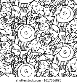 Kawaii seamless pattern of friendly doodle monsters,cute and fun variety of colors animals. Vector background