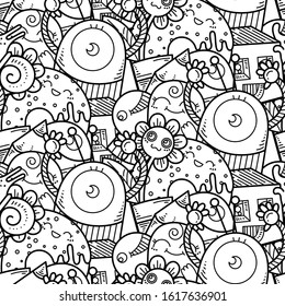 Kawaii seamless pattern of friendly doodle monsters,cute and fun variety of colors animals. Vector background