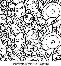 Kawaii seamless pattern of friendly doodle monsters,cute and fun variety of colors animals. Vector background