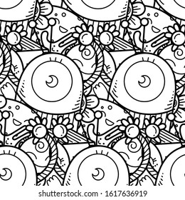 Kawaii seamless pattern of friendly doodle monsters,cute and fun variety of colors animals. Vector background