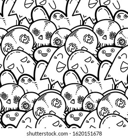 Kawaii seamless pattern of friendly doodle monsters,cute and fun variety of colors animals. Vector background