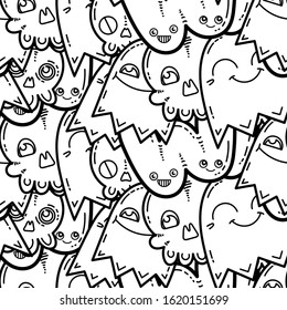 Kawaii seamless pattern of friendly doodle monsters,cute and fun variety of colors animals. Vector background