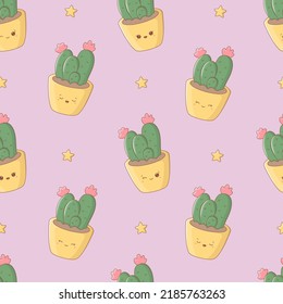 Kawaii seamless pattern with funny cactuses. Cute print for phone case, backgrounds, fashion, wrapping paper and textile. Vector Illustration