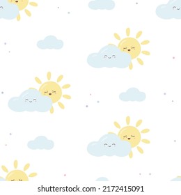 Kawaii seamless pattern with funny sun and cloud. Cute print for phone case, backgrounds, fashion, wrapping paper and textile. Vector Illustration