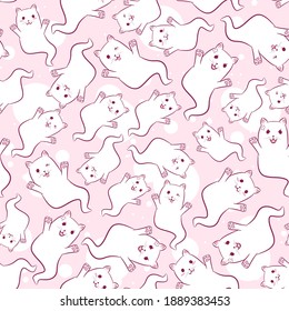 Kawaii seamless pattern with ghost cats for kids and babies. Repetitive background with floating kitties for Halloween. Cute white pets with pink paws.