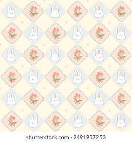 Kawaii seamless pattern with hare rabbit and bouquet of tulips in rhombuses cute pillows. Hand drawn cartoon illustration in pastel soft palette. For printing packaging, baby clothes, textiles