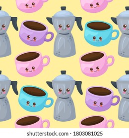 Kawaii seamless pattern with Italian Coffee Maker & colorful Coffee Cups characters. Cute funny & happy kitchen utensils. Smiling cartoon background. Cafe, shop, menu design. Ceramics wrapping paper.