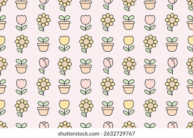 Kawaii seamless pattern with pastel flowers and potted plants on soft pink background