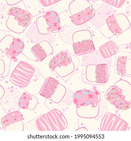 Kawaii seamless pattern with pink marshmallows and colorful sprinkles. Repeat background with sweets and desserts for kids and children. All over texture with candies and doodles.