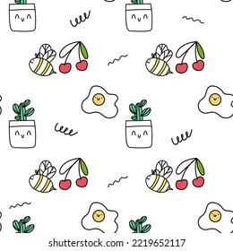 Kawaii seamless pattern. Pattern with scrambled eggs, cactus, cherry and bee. Doodle vector illustration
