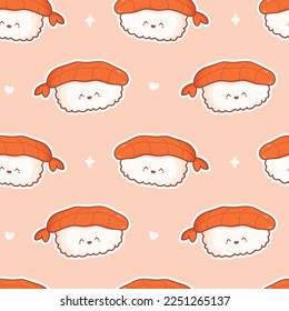 Kawaii seamless pattern with sushi with funny face. Vector cute print asian food in cartoon style for phone case, backgrounds, fashion, wrapping paper and textile