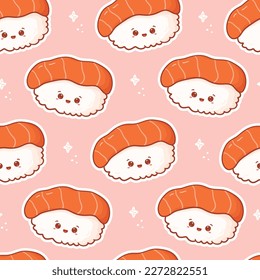 Kawaii seamless pattern with sushi with funny face. Cute print asian food in cartoon style for phone case, backgrounds, fashion, wrapping paper and textile. Vector Illustration