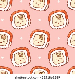 Kawaii seamless pattern with sushi roll with funny face. Cute print asian food in cartoon style for phone case, backgrounds, fashion, wrapping paper and textile. Vector Illustration