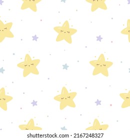 Kawaii seamless pattern with twinkle sleeping stars. Cute print for phone case, backgrounds, fashion, wrapping paper and textile. Vector Illustration