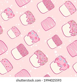 Kawaii seamless pattern with white marshmallows, pink frosting and colorful sprinkles. All over print and repeat background with sweets for kids and babies. Soft and fluffy snack texture.