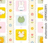Kawaii seamless vector pattern with cute animals and meadow chamomile flowers. Childish background in a pastel palette for tablecloths, clothes, packaging, for nursery or Easter holiday