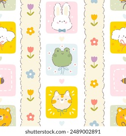 Patrón de Vector sin costuras Kawaii con animales lindos y flores de manzanilla pradera. Fondo infantil en una paleta pastel para manteles, ropa, envases, para guardería o vacaciones de Semana Santa