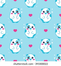 Kawaii seamless vector pattern. Cute bear and hearts. Childish festive background with sparkle. Sweet colors