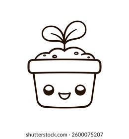 Kawaii seedling sprout in a flower pot cute cartoon illustration. Plant growth process cycle. Gardening farming agriculture coloring book page activity worksheet for kids