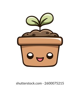 Kawaii seedling sprout in a flower pot cute cartoon illustration. Plant growth process cycle. Gardening farming agriculture clipart.