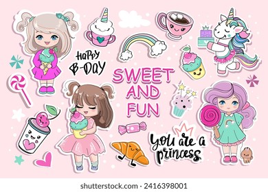 Kawaii set with beautiful little cartoon girls and sweets with eyes. Ice cream with unicorn faces, cupcake, cup of coffee, Vector illustration anime style