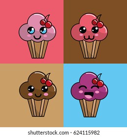 kawaii set cup cake icon with beautiful expressions