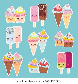 Kawaii set cupcakes with cream, ice cream in waffle cones, ice lolly with pink cheeks and winking eyes, pastel colors on light blue background. Vector illustration