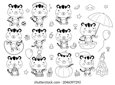 Kawaii set of cute cartoon tigers. Coloring page for children. Wild cats with Christmas tree, Halloween pumpkin, Birthday cake and presents. New Year symbol. Black and white vector illustration.