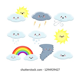 Kawaii set of different weather vector illustration isolated on white background.