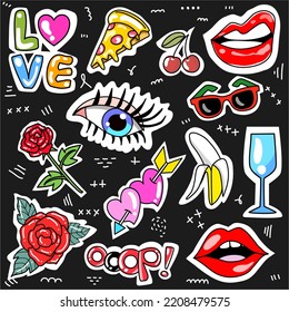 Kawaii set fashion patch badges for sticker , postcard , invitation . vector illustration for kids