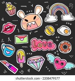 Kawaii set fashion patch badges for sticker , postcard , invitation . vector illustration for kids