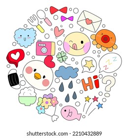 Kawaii set fashion patches badges for sticker , postcard , invitation . vector illustration for kids on a circle background