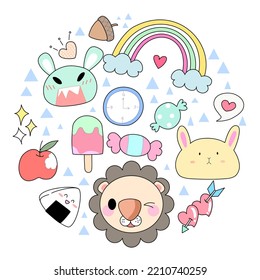 Kawaii set fashion patches badges for sticker , postcard , invitation . vector illustration for kids on a circle background