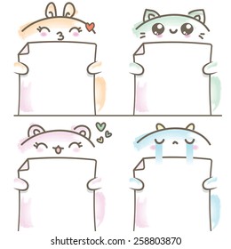 Kawaii set with four characters holding blank cards on white background
