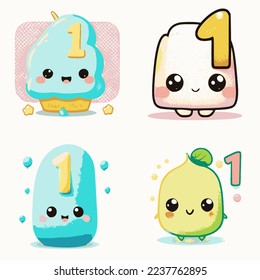 Kawaii set number 1 isolated on white background