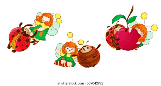Kawaii set of scenes with tiny fairy and her friend ladybug. Vector children's cartoon. Emoji Icons in Japanese style. Sticker emotions. Friends dancing, cuddling, eating cherries. Part 5