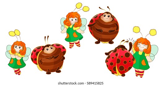 Kawaii set of scenes with tiny fairy and her friend ladybug. Vector children's cartoon. Emoji Icons in Japanese style. Sticker emotions. Friends quarrel, offended, reconciled. Part 6.