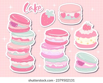 kawaii set sticker layout cake,  cute cartoon food and macaroon , cupcakes macaroni, cream, soft pink color, pastel color stickers 