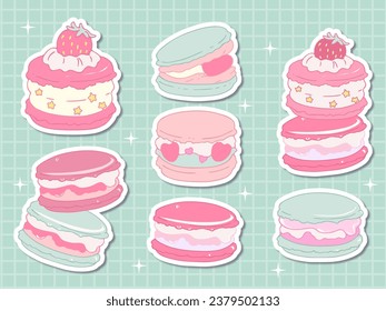 kawaii set sticker layout cake,  cute cartoon food and macaroon , cupcakes macaroni, cream, soft pink color, pastel color stickers 