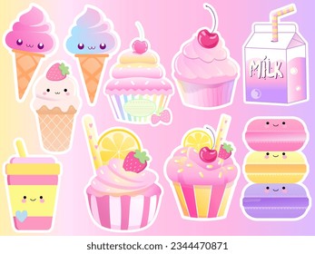 kawaii set sticker layout fruit,  cute cartoon food and fruit , cupcakes macaroni, ice cream, soft pink color, pastel color stickers 